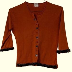 Head Over Heels Cardigan Button Down Beaded Fringe Trimmed 3/4 Sleeve